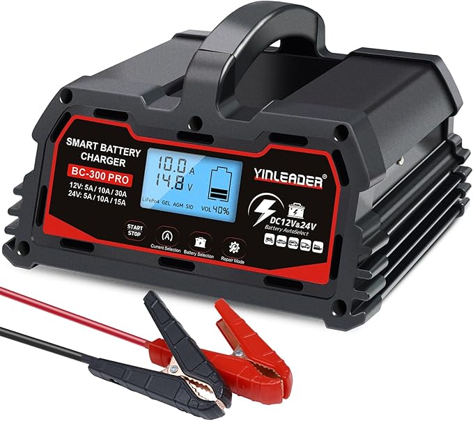 Battery Charger 30A, 12V/24V Lead Acid Smart Battery Charger, 12V LiFePO4 Car Battery Trickle Charger, Automatic Battery Maintainer for Car Motorcycle Lawn Mower Marine Boat Lead Acid Batteries