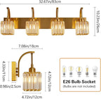 FDPBY Crystal Vanity Lights 4-Light Gold Bathroom Vanity Lights Modern Crystal Bathroom Light Fixtures Over Mirror 32.67" Long Vanity Light for Bathroom