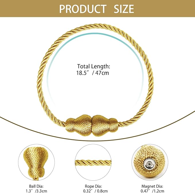 Nieffeiy Magnetic Curtain Tiebacks Outdoor Curtain Tie Backs Rope Decorative Magnetic Curtain Holders for Drapes Window Treatment Holdbacks, Gold 4Pack
