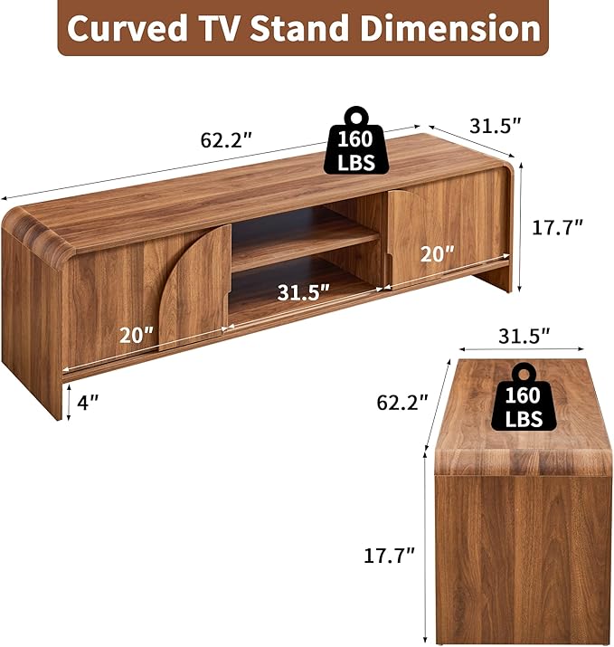 BERRYMERRY 63'' TV Stand for Up to 75" TVs,MCM TV Console Table with Big Arched Handle,Television Stands Entertainment Media Center with Sliding Door for Living Room Bedroom (Walnut)