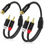 HOSONGIN 1ft RCA Splitter 1 Female to 2 Male Y Adapter 2 Pack, Short RCA Audio Speaker Splitter Cable, Double Shielding Black Nylon Braided Cable - Gold-Plated Plug - Length 12 Inch