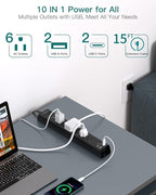 15Ft Extension Cord - Addtam Long Cord Power Strip with 6 AC Outlets and 4 USB Ports(2USB C), Wall Mount with Surge Protection, Multi Plug Outlets for Home Office College Dorm Room Essentials