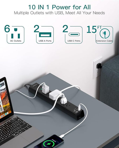 15Ft Extension Cord - Addtam Long Cord Power Strip with 6 AC Outlets and 4 USB Ports(2USB C), Wall Mount with Surge Protection, Multi Plug Outlets for Home Office College Dorm Room Essentials
