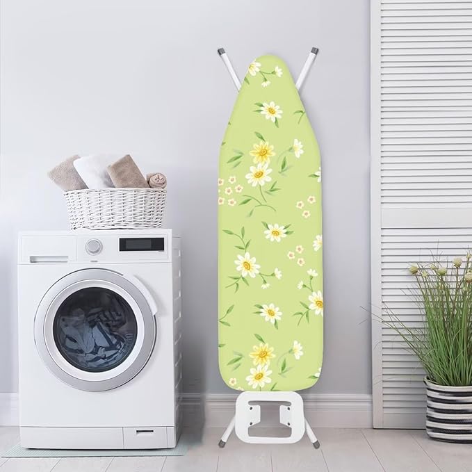 ZCFYGDX Fresh White Daisy Print Ironing Board Cover, Resist Scorching & Staining, Easy to Install Resistant Elastic Edges, 3 Nylon Buckle Straps Fasteners, Protective Scorch Cloth Covers Size-S