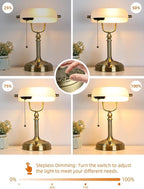 Newrays White Matted Glass Bankers Desk Lamp, Stepless Dimmable Table Lamp Plug in Fixture for Study, Home Office,Library, LED Bulb Included