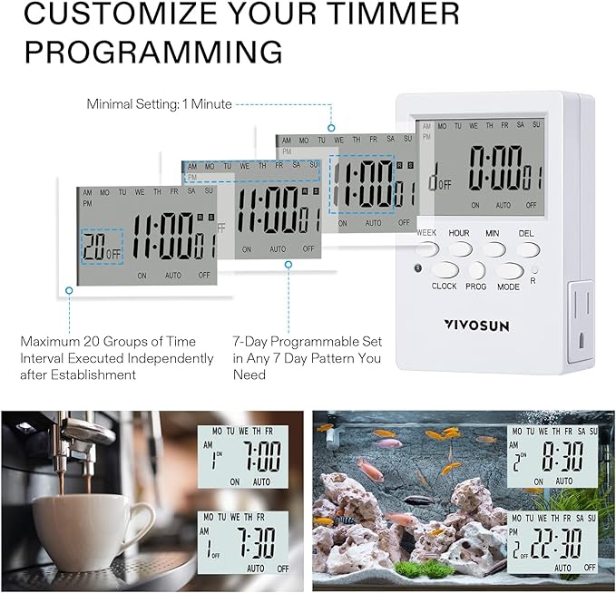 VIVOSUN 7 Day Programmable Digital Timer with Dual Outlet, 20 On/Off UL Listed Heavy Duty Plug-in Outlet Timer with Countdown Setting, Indoor for Lamp, Fan, Heater, Humidifiers, Aquarium (2 Pack)