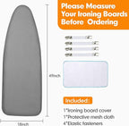 Ironing Board Cover and Pad, 18x49 Extra Wide Thick Iron Padding, Scorch & Stain Resistant Ironing board cover, Heavy Duty Iron Board Padded with Adjustable Fasteners Durable Elastic Edge, Grey