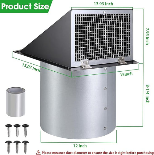 12 Inch Wall Vent Hood Exhaust Vent Cap Dryer Vent Cover,Exterior Hooded Wall Vent with Screen and Damper for HVAC Duct Dryer AC Industrial Facilities Ventilation Outdoor Air Exhaust,Galvanized Steel
