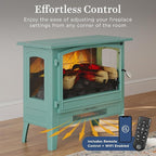 Country Living Infrared Freestanding Electric Fireplace Stove Heater in Mineral Blue | Multiple Flame Colors, Metal Design with Faux Wooden Logs | Alexa/WiFi Enabled, Remote Control