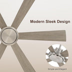 WINGBO 60 Inch Ceiling Fan without Light - 6 Plywood Blades, 6-Speed Reversible DC Motor, Noiseless Remote Control Ceiling Fan No Light for Bedroom Living Room Kitchen, Nickel and Silver/Gray