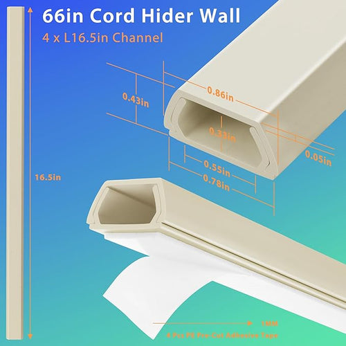 66in YCLYC Wire Covers for Cords Kit, Beige Wall Cord Hider Hide Cords, Cord Covers for Wires on Wall, TV Cable Hider Wall Kit, Easy to Install Cord Cover, Cable Management Wall 4XL16.5 W0.86 H0.43in