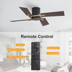WINGBO 48 Inch Flush Mount Ceiling Fan without Light - 4 Plywood Blades, 6-Speed Reversible DC Motor, Noiseless Low Profile Ceiling Fan No Light for Bedroom Living Room, Gold and Black/Walnut