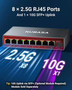 NUBASA 8-Port 2.5Gb Switch with 10Gb SFP+ Port, Unmanaged Multigig Ethernet Splitter for NAS, Gaming, PC - Plug & Play, Silent Aluminum Housing, 2.5 Gigabit Network Switch