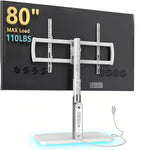 LLDEPLL Universal TV Stand Tabletop TV Mount with Power Outlet for 50-90 Inch OLED LED Monitors, 9 Levels Height Adjustment, Ambient Lighting on The Bottom Holds up to 150lbs, White Max Vesa 600x400mm