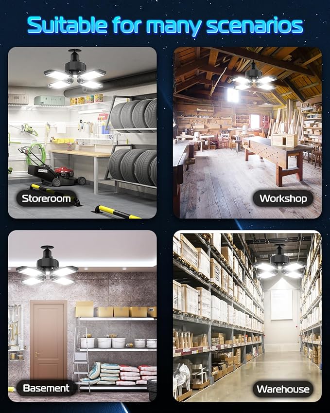 CHENGCHILIT LED Garage Light - 4 Pack 130W 13000LM Deformable 4+1 Panel LED Garage Ceiling Lights with Transformer, E26/27 Base, 6500K Daylight White Shop Lights for Factory, Storage Room, Warehouse