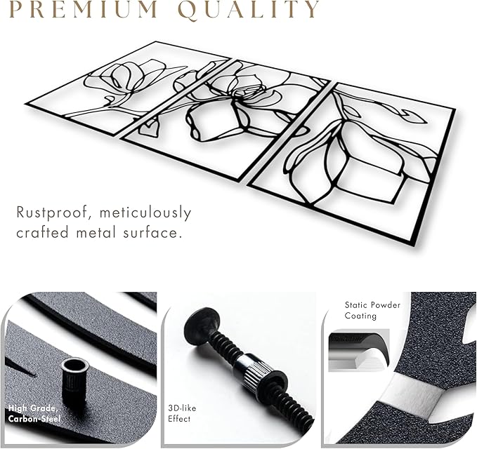 Wita Home Poppy Flower Metal Wall Art, 3-Panel Botanical Line Design, Modern Floral Wall Decor for Living Room, Bedroom, Office, Indoor & Outdoor Display (48×23 inches)