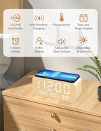 Digital Alarm Clock, with Wooden Electronic LED Time Display, 3 Alarm Settings, Humidity & Temperature Detect, Wood Made Electric Clocks for Bedroom, Bedside (Yellow-Wireless)