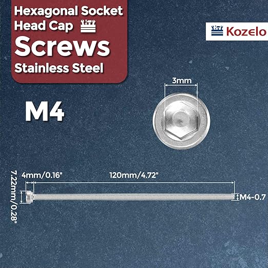 Kozelo 4pcs Socket Head Cap Screws - [M4-0.7 x 120mm] 304 Stainless Steel Allen Socket Drive for Electrical Motor 3D Printing Fan Engine Replacement Use, Silver
