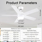 POCHFAN 42 inch White Ceiling Fans with Lights and Remote, LED Dimmable 3 CCT Temperatures 6-Speed, Noiseless Modern Ceiling Fan for Bedroom, Living Room, Dining Room, ETL Listed