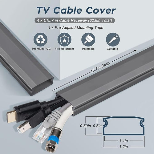 62.8in TV Cable Hider - Cord Hider Cable Management Wall, Cable Raceway Grey Wire Hider, Paintable Cable Concealer for Wall Mounted TV, Wall Wire Covers for Cords, 4* L15.7in *W1.2in *H0.59in