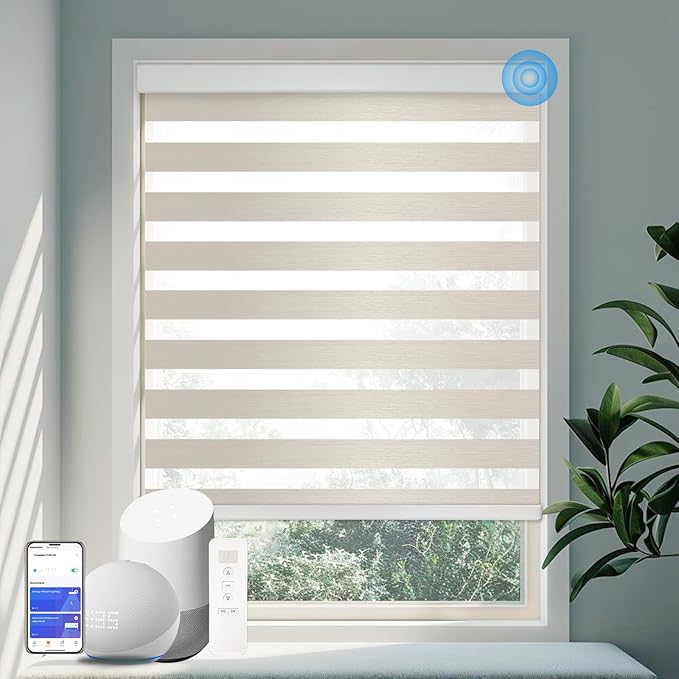 COOLWINDS Motorized Zebra Blinds for Windows Cordless Electric Curtains with Remote Control Blackout Shades Custom Smart Blinds Compatible with Alexa Google Home(Light Filtering Beige,W44 X 72in)