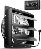 HG Power 12 Inch Attic Fan with Thermostat, 971 CFM Shutter Exhaust Fan with Smart Temperature Humidity Controller, Wall Mounted Greenhouse Fan with EC Motor for Garage, Shed Ventilation, Black