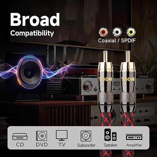 TODN Digital Coaxial Cable OFC Core 75-Ohm Audiophile SPDIF Coax Audio Cable RCA to RCA for HiFi Systems (6.5ft /2m)