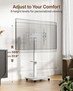 ECOTINY Steel Base Rolling TV stand with Power Outlet for 32-75 inch TVs up to 110 lbs, Leveling & Tilt & Swivel Mobile TV Stand with Hidden Wire Management, Height Adjustable Portable TV Stand, White