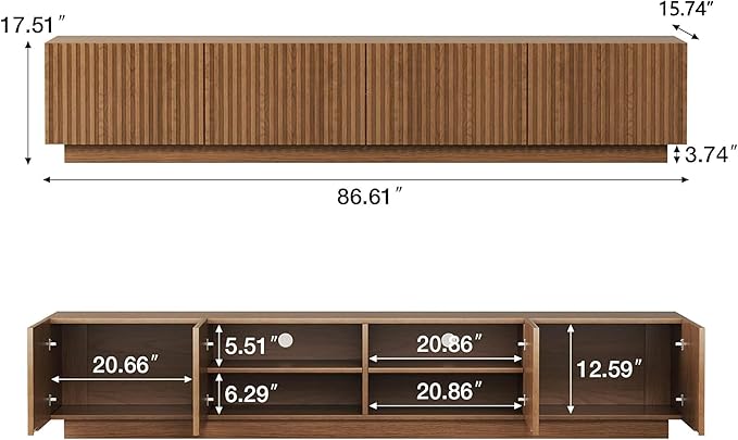 86.61" Mid-Century Modern TV Stand, Walnut Entertainment Center with 4 Doors & Adjustable Shelves, Large Wooden Media Console Cabinet for Living Room & Bedroom, Sturdy & Easy Assembly，Walnut