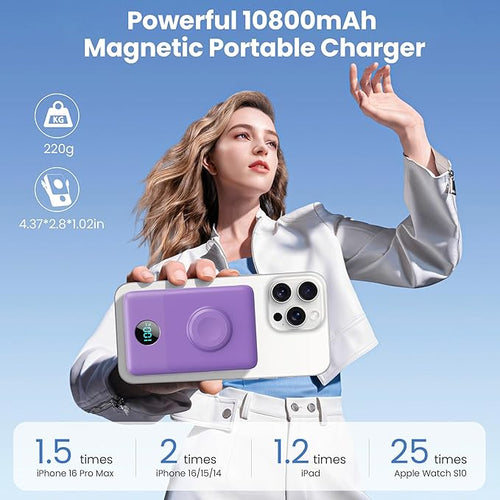 6 in 1 Magnetic Portable Charger for iPhone with Built-in Cables, 10800mAh 25W PD Fast Charging Power Bank, 6 Outputs Travel Essential Battery Pack for iPhone 17/16/15/14/13/12,Apple Watch (Purple)
