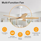 WINGBO 54" Ceiling Fan with Light - 5 Carved Solid Wood Blades, 6-Speed Reversible DC Motor, Dimmable, 3CCT, Noiseless Remote Control Ceiling Fans with Lights for Bedroom Living Room, White and Oak
