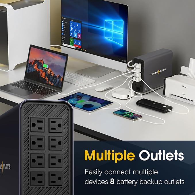 GOLDENMATE 1000VA/800W Lithium UPS Battery Backup and Surge Protector, Sinewave UPS System with LiFePO4 Battery(230Wh), Updated Pro Ver. with USB Communication Port, 8 Outlets, LCD Display, Gray