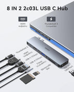 USB C Adapter Hub for MacBook Pro Air 2025-2018, Mac Adapter Multiport for MacBook 13" 15" 16", Mac Accessories Hub 8 in 2 with HDMI Thunderbolt 3 USB-C USB 3.0 2.0 SD/TF Card Reader