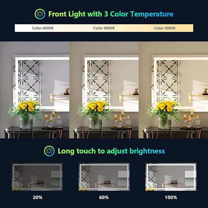 YEELAIT 50x32 Inch RGB LED Bathroom Mirror Front Light and RGB Backlit Lighted Vanity Mirror for Bathroom Wall Mounted Dimmable Anti Fog Memory Shatter-Proof IP54 Waterproof Horizontal/Vertical