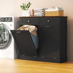 Tilt Out Trash Can Cabinet Dog Proof with Double Wood Hidden Trash Can Holder, Kitchen Free Standing Recycling Cabinet（Black）