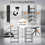 Himix Storage Shelves with 20 Hooks, 5-Tier Collapsible Organization Storage Rack Bookshelf Folding Pantry Shelves Cube Shelf Wire Shelving Holds 440 Ibs for Garage Kitchen Room, Black