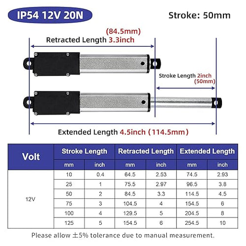 2 Inch 4.5lbs Mini Stroke 12V 4.5lbs Electric Linear Actuator 1.2"/sec Linear Motion Actuator with Brackets for Cabinets, Robotics, Home Automation, Window Opener(20N, 50mm)