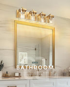 METWET Bathroom Light Fixtures, 25" Brushed Gold Vanity Light, 4-Light Modern Wall Sconces with Square Clear Glass Shade, Vanity Lighting Fixtures Over Mirror, VL194-BG-4