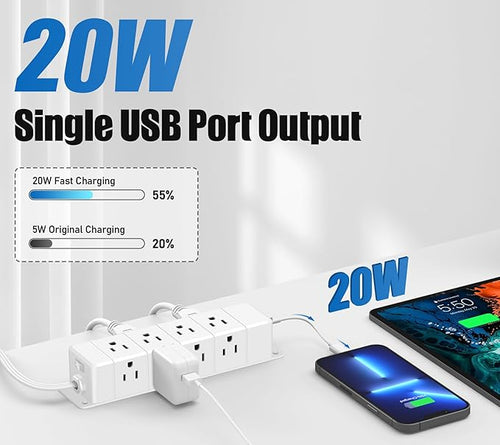 40W Fast Charging Under Desk Power Strip,12 Outlet Mountable Power Strip with 4 USB,1200J Surge Protection,10FT Flat Extension Cord