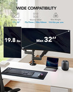 HUANUO 17-32 Inch Dual Monitor Stand, NITROGLIDE™ Dual Monitor Mount, Monitor Stand 2 Monitors, Ergonomic Adjustable Tilt/Swivel/Rotate, Weight Max 19.8 lbs, VESA 75/100mm