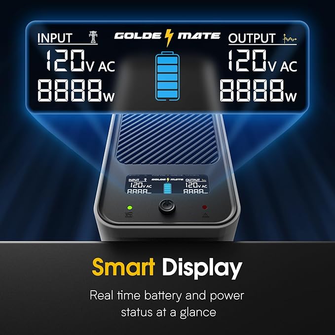 GOLDENMATE 1000VA/600W Lithium UPS Battery Backup and Surge Protector, Sinewave UPS System with LiFePO4 Battery(153.6 Wh), 2025 Upgraded Pro Ver. with Communication Port, 8 Outlets, LCD Display, White