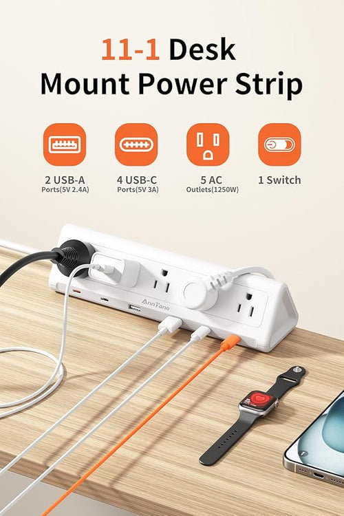 6.5 FT Desk Clamp Power Strip with 5 AC Outlets & 6 USB Ports PD 40W USB-C Fast Charging, 1250J Surge Protector, Fits 2.1 in top Edge White