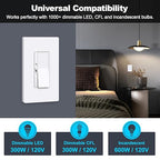 BESTTEN 6 Pack Super Slim Dimmer Light Switch, Quiet Rocker, Single Pole or 3 Way Dimmable Switch, Max 300W LED, CFL, 600W Incandescent, Screwless Wall Plate Included, ETL Listed, White