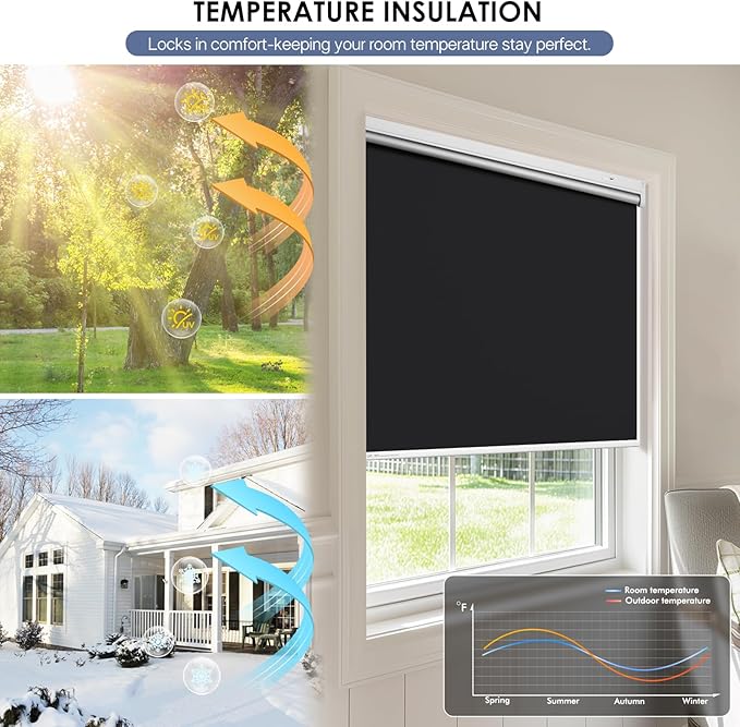 Motorized Roller Blinds with Remote Control & Solar Panel - 100% Blackout Smart Blinds, Automatic, Cordless, Electric Shades - Compatible with Alexa - Black, 34" W x 72" H