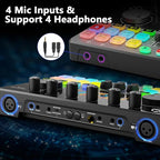 Podcast Equipment Bundle for 4, Audio Interface with 4 Dynamic Microphone, 4 Desktop Mic Stands, Voice Change, DJ Mixer for Vocal Recording Podcasting,Streaming,Singing TikTok, COMMANDER M100 3rd