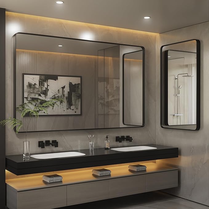 ISKM Black Bathroom Mirror for Wall 44" x 32" Matte Black Framed Vanity Mirror, Shatter-Proof, Tempered Glass, Rounded Rectangle Mirror(Horizontal/Vertical)