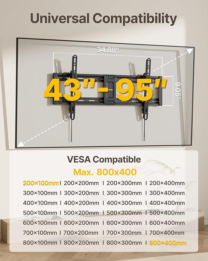 monTEK Heavy Duty Tilting TV Wall Mount for 43-95 Inch TVs, 200 lbs Capacity, 1.65" Slim Low Profile Wall Bracket, Max VESA 800x400mm Fits 16"/18"/24" Studs, Space-Saving for Large Flat & Curved TVs