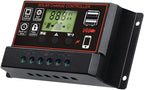 Solar Charge Controller, Solar Panel Charge Controller Intelligent Regulator with Dual USB Port 12V/24V, Auto Paremeter Adjustable LCD Display PWM（Black, 30A）