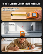 3-in-1 Digital Laser Tape Measure 328Ft Rechargeable Measuring Tool & 16Ft Auto-Lock Tape Measure Movable Magnetic Hook with Area/Volume/Pythagorean, Ft/in/M/Ft+in for Construction, Woodworking, Home