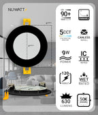 NUWATT 6 Pack, 4 Inch Ultra-Thin LED Recessed Lighting Black, 5CCT 2700K/3000K/3500K/4000K/5000K Selectable, 630LM, 9W, IC Rated, Dimmable Canless Wafer Light, Damp Rated Pot Lights with Metal J-Box